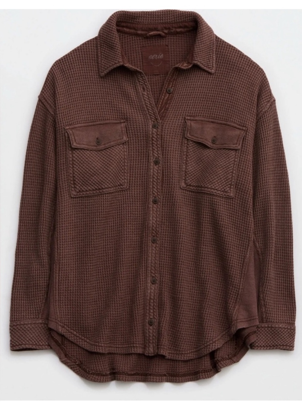 Aerie LumberJane Thermal Waffle Knit Size Medium Oversized Button Down Brown